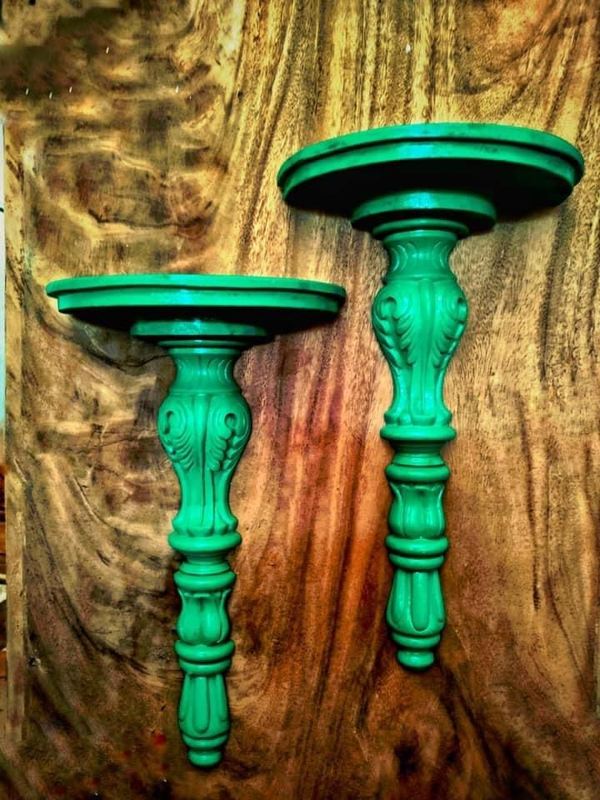 Vintage Look Woodcarved Long Vertical Shelf.hand Made,wall Decor -rustic Green  1 Unit